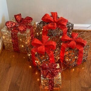 Pre-Lit Gold and Red Glitter/Light Up Rattan Holiday Decorative Gift Box Set